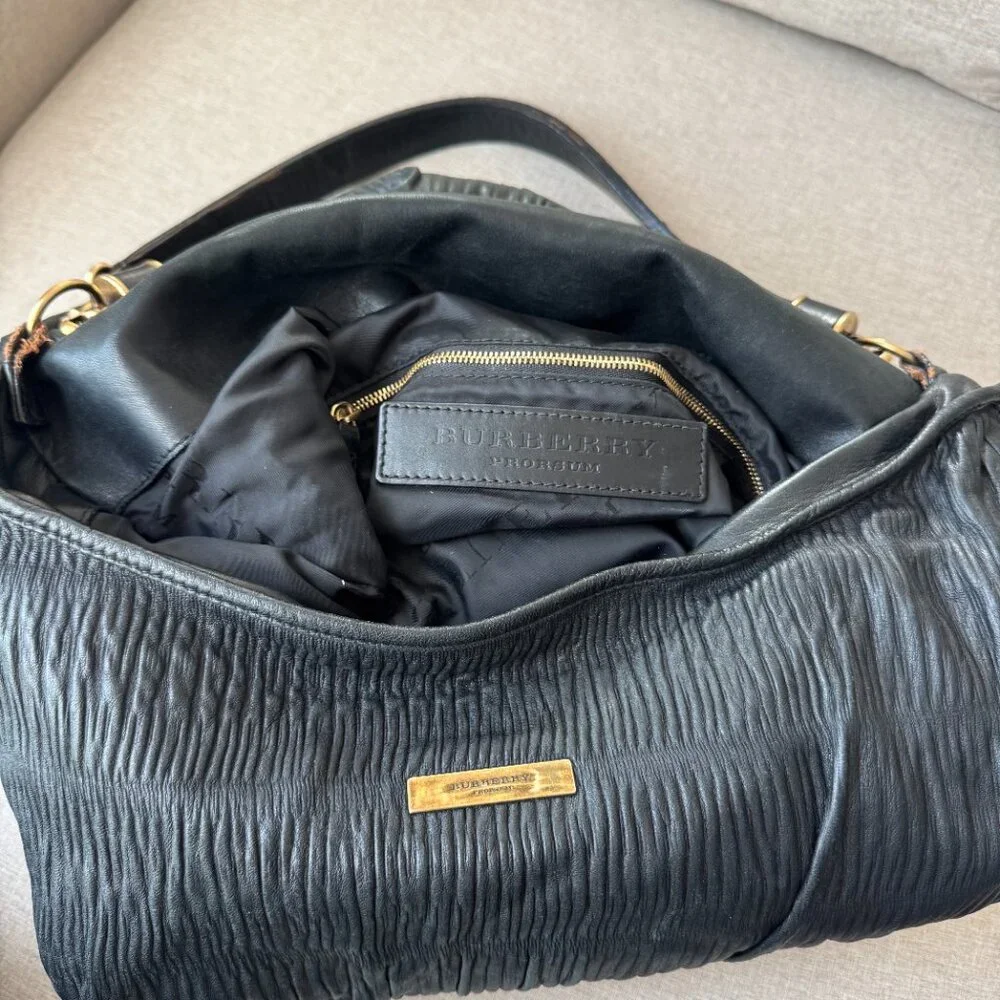 Burberry Prorsum Black Leather Crinkle Texture Large Tote Shoulder Hobo Bag Gold